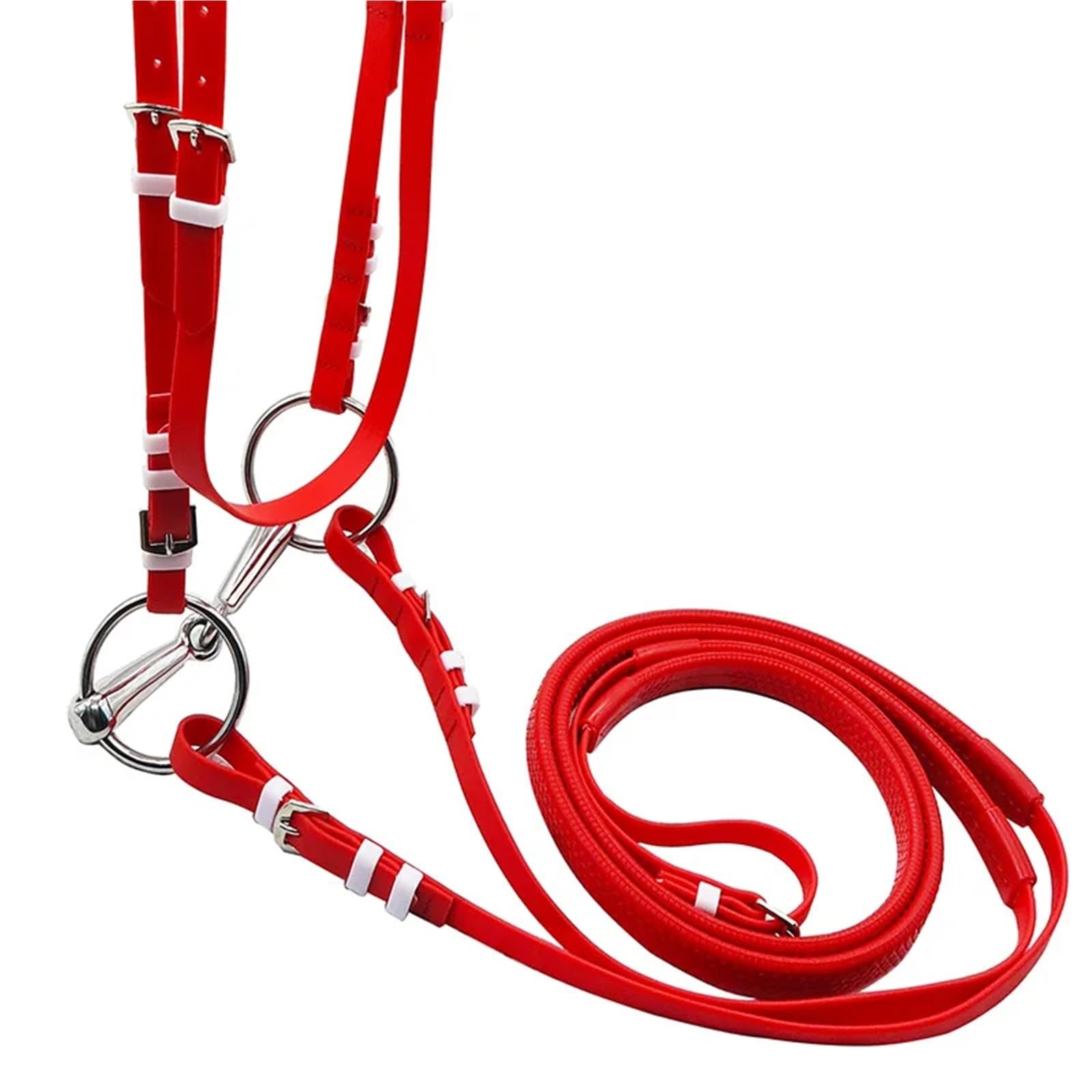 Brida for caballo, diseño de PVC ajustable, arnés de rienda, cabezada, filete con juego de aparejos, collarín de pecho y riendas(Red)