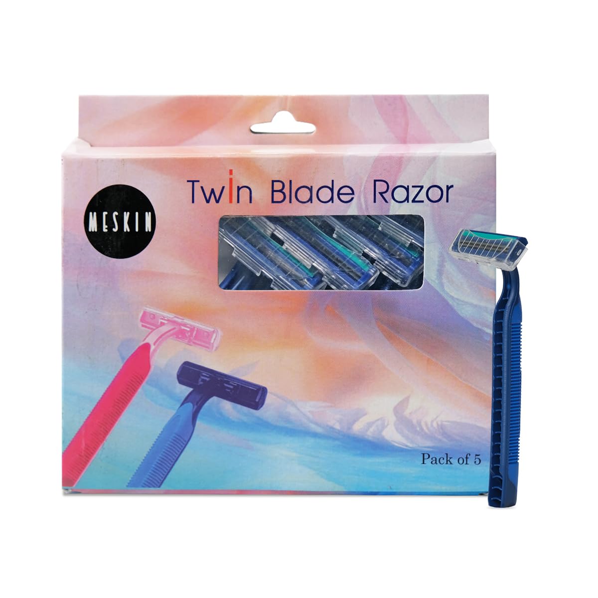 MESKIN 5Pcs Twin Blade Full Body Razor Sweden Stainless Steel Twin Blade Micro Shave Technology Anti-Slip Rubberised Grip for Better Shave Pink Rubber Grip Razor (Pack of 5) (Blue)