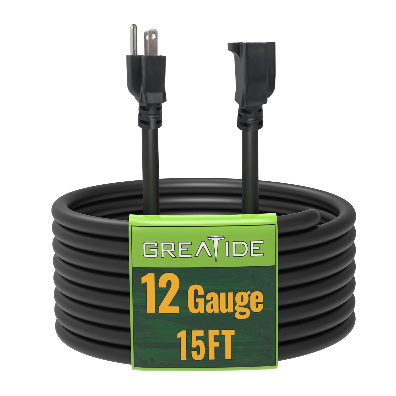 15 Ft Outdoor Extension Cord - 12/3 SJTW Heavy Duty Black Extension Cable with 3 Prong Grounded Plug - Power Cord for Lawn, Garden, Appliances
