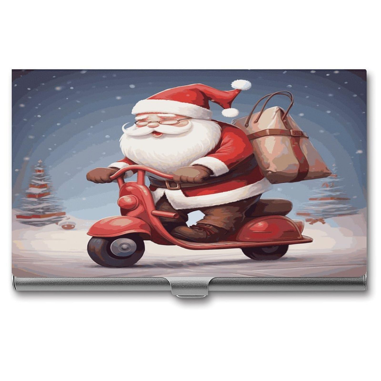 LDGSUPH Santa Claus on Scooter Business Card Holder Fashion Slim Name Card Holder Minimalist Design Case Metal Card Carrier Personalized Business Card Case with Flip for Men Women