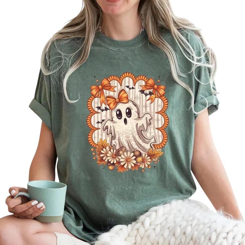 Vintage Floral Ghost Halloween Shirt – Cute Spooky Fall Graphic Tee – Bow Aesthetic Comfort Colors T-Shirt3