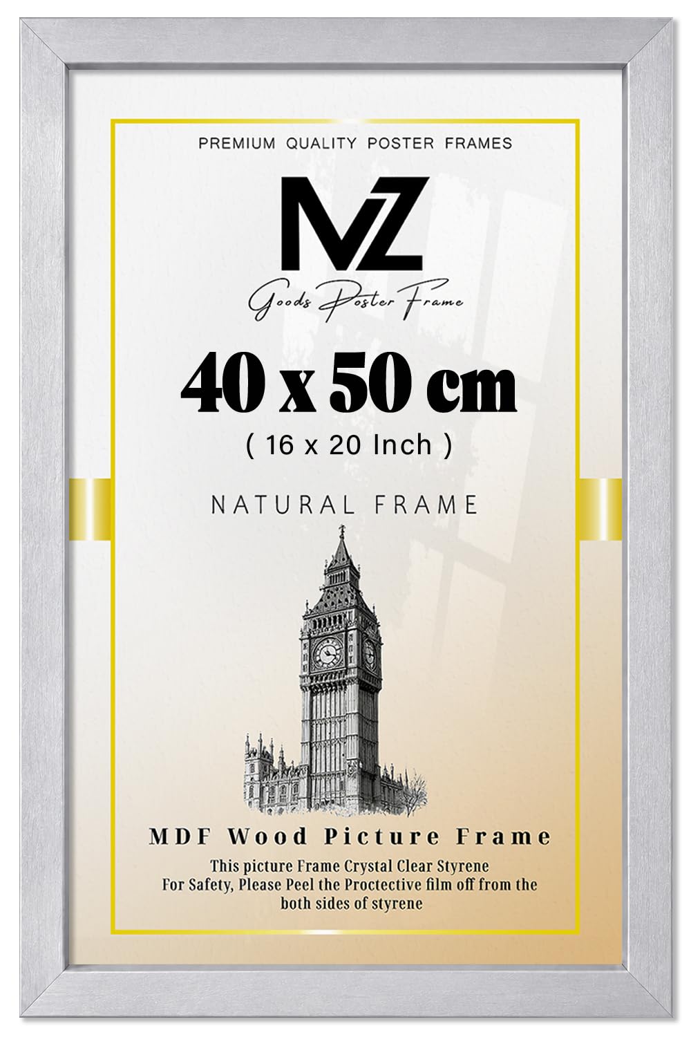 MZ GOODS | MDF Poster Frame (40 x 50 CM) (50 x 40 cm) for Custom Artwork, Handmade Drawings & Photography, MDF Wood Finish, Secure Hanging Hooks [ Silver ]