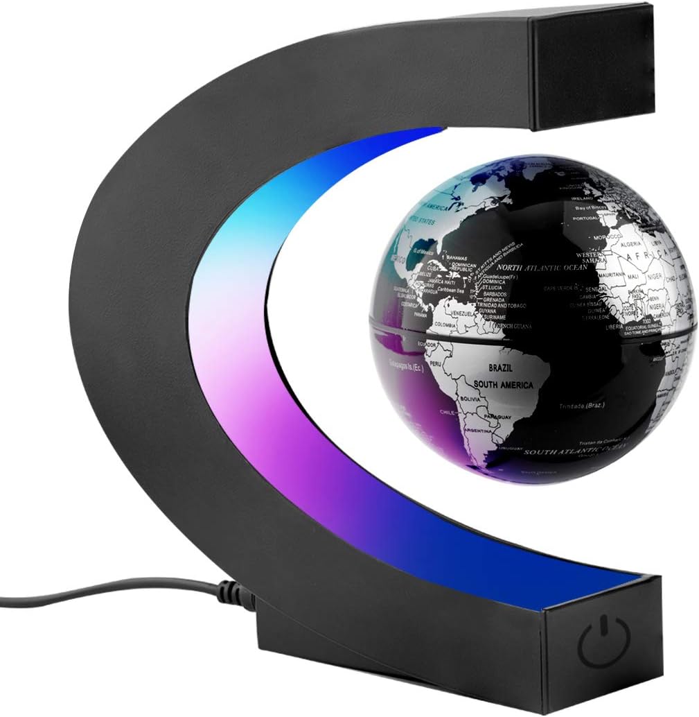 Floating World Globe with Colored LED Lights C Shape, Magnetic Field Levitation World Map Globe Gravity Educational, Home/Office Desk Decoration Birthday Present for Kids, Black, With UK Plug