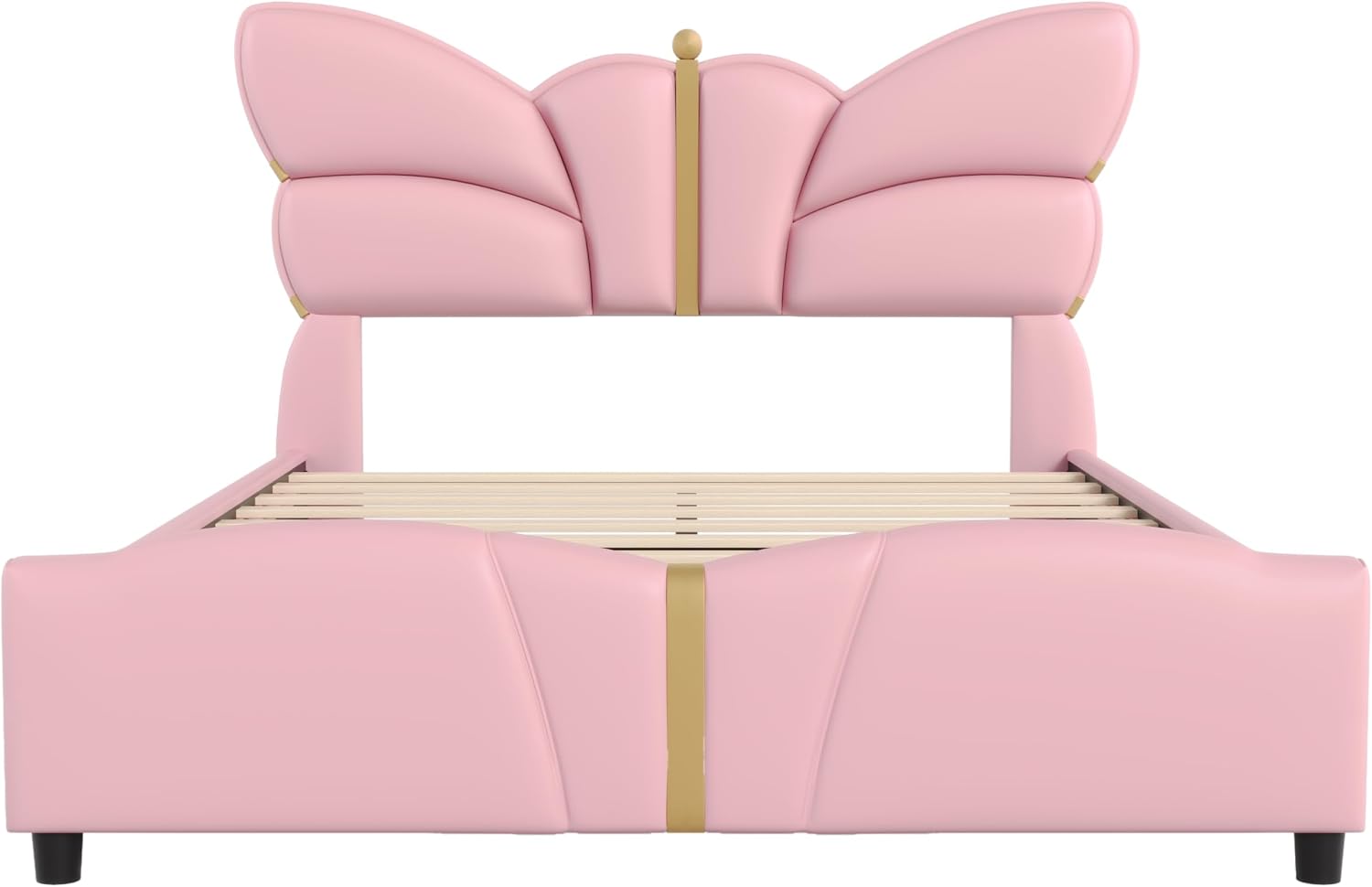 Christopher Knight Home Olimo Faux Leather Full Size Bed, Upholstered Full Bed and Headboard, Butterfly Shaped Headboard, Slat Panel Support, No Spring Box Needed, Easy Assembly, 800lbs Light Pink