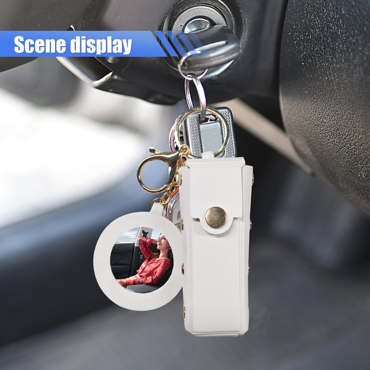 Car Lipstick Organizer Keychain, Portable PU Leather Auto Key Fob Holder with Lip Balm Storage Bag and Mini Mirror, Universal Vehicle Accessories for Women (White) image 4