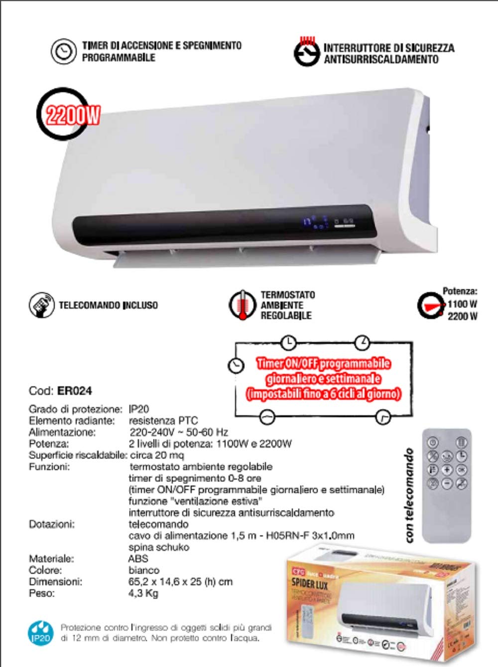 CFG - Termoventilador PTC de Pared, 2000 W, Mando a Distancia y Temporizador Er024 Spider Lux