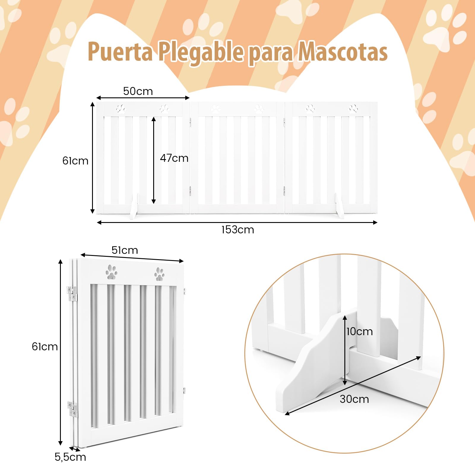 COSTWAY Barrera de Seguridad Plegable para Perros Mascotas Valla Protección para Habitación Puerta Escalera (Blanco, 3 Paneles)