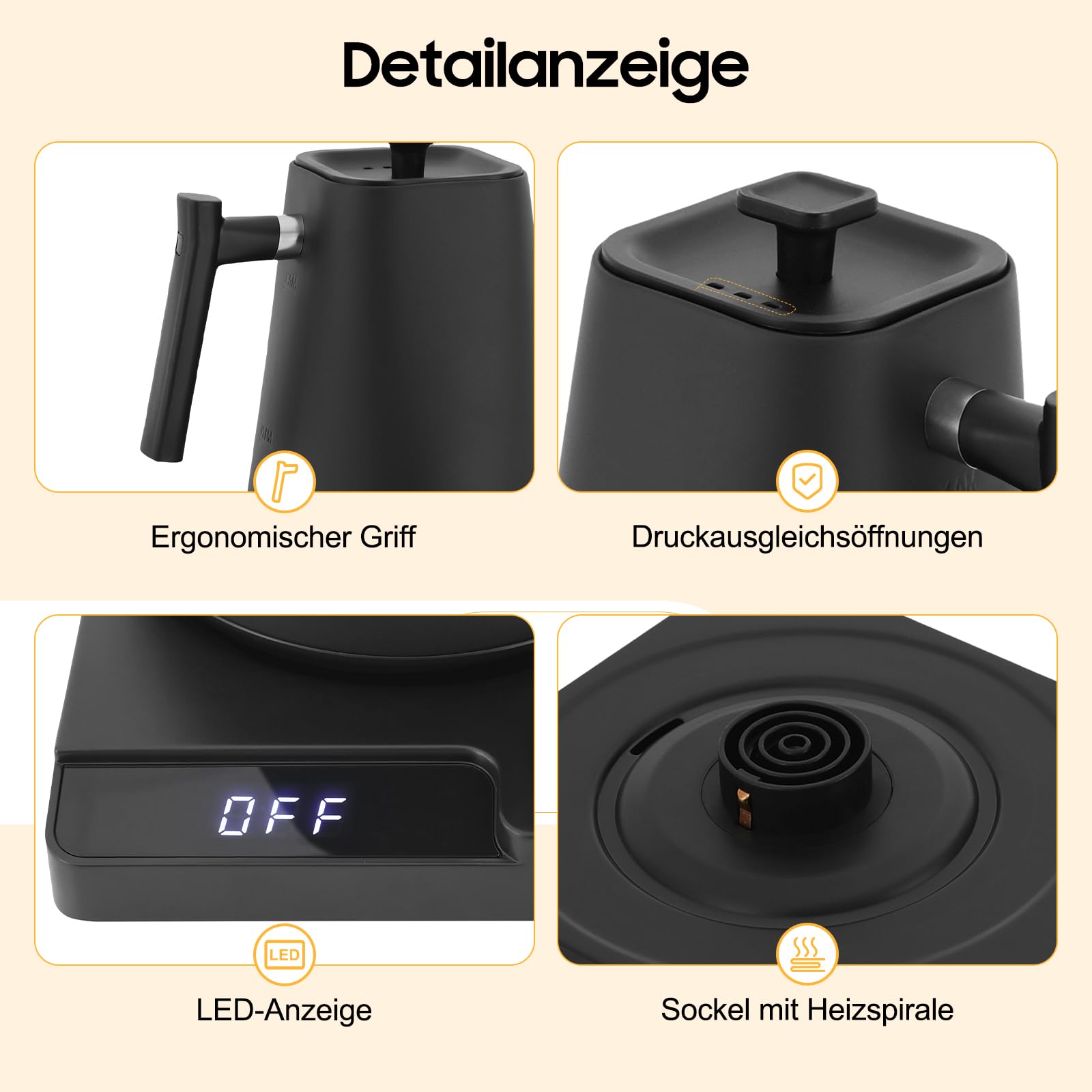 Hervidor eléctrico de cuello de cisne, 1 L, con indicador LED y función de mantenimiento del calor, ajuste de temperatura 40 – 100 °C, acero inoxidable, color negro