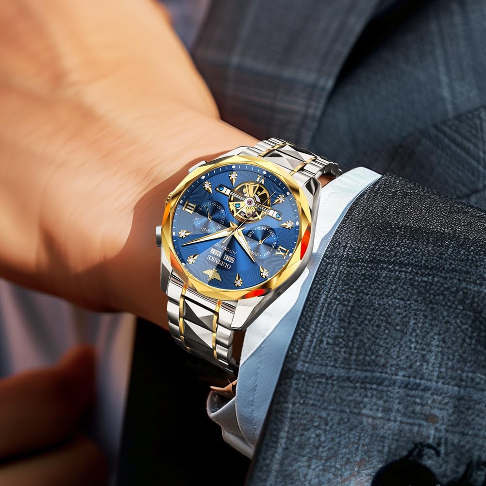 OUPINKE Men’s Watches Automatic Self-Winding Luxury Diamond Mirror Skeleton Mechanical Watch Date Dress Business Tungsten Steel Waterproof Luminous Wrist Watches for Men - Image 4