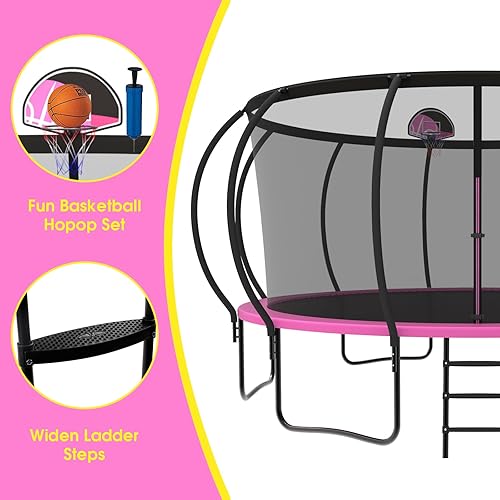 Miniatura 6 de Tranpoline de 8 10 12 14 15 16 pies 1500 libras para niños y adultos con luz+rociador+calcetines, tranpolina recreativa con aro de baloncesto,