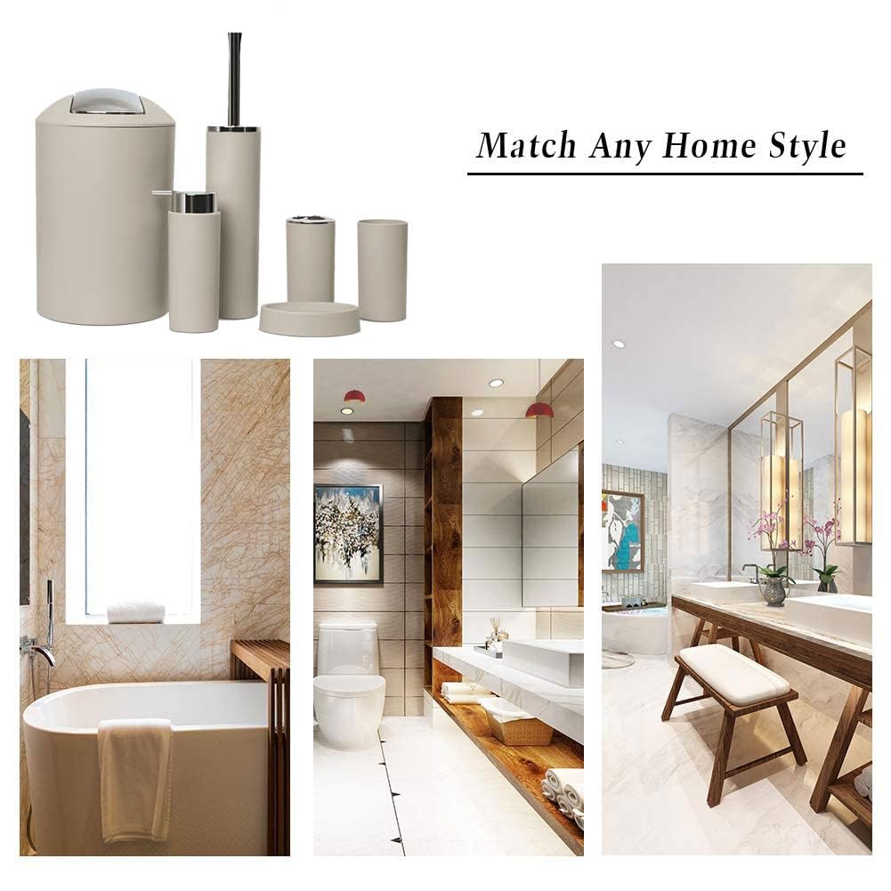 Zalati - Set di 6 accessori per bagno - Flacone per lozione, porta spazzolino, bicchiere per denti, vassoio per sapone, spazzolino per WC, pattumiera - Beige