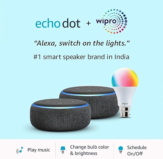 Echo Dot (3rd Gen, Black) gift twin pack with Wipro 9W LED...