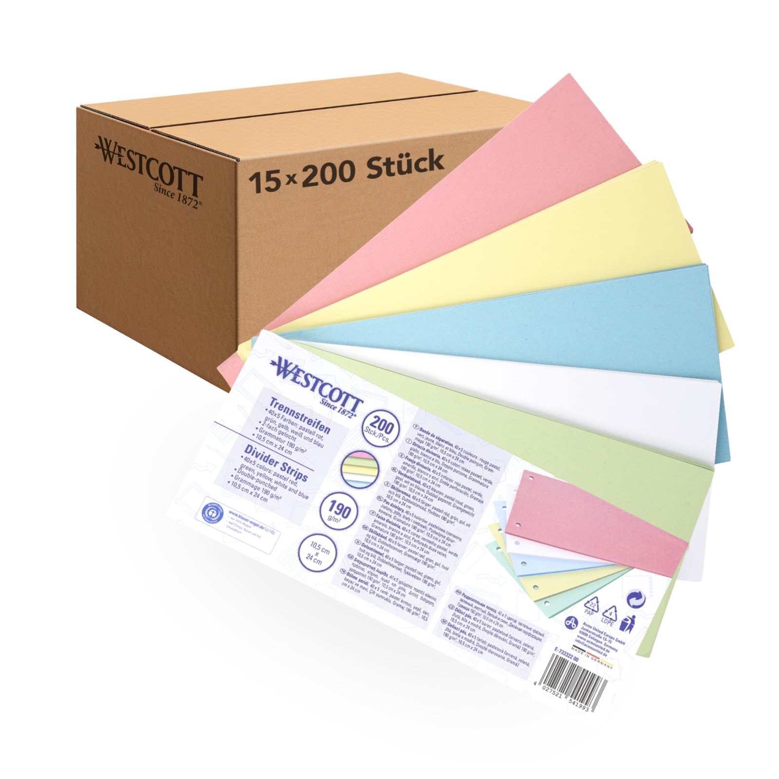 Westcott Trennstreifen 200 Stück Pastellfarben Mix (15er-Pack) | Robuste Heftstreifen 190g/m² für A4 Ordner | Trennblätter 10,5 x 24 cm | Register 2-fach-Lochung für DIN-A4 Dokumente | E-733322 00