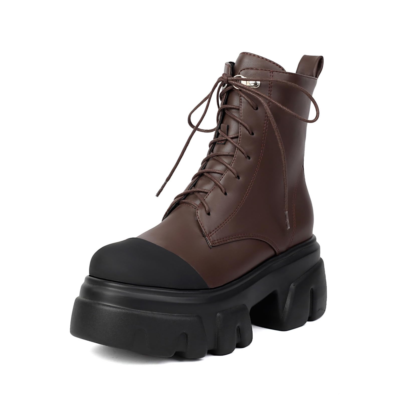 KSEDT Women's Leather Black Platform Dressy Combat Boots Lightweight Gothic Round Toe Zipper Block Chunky Heel Lug Sole Lace Up Goth Ankle Boots