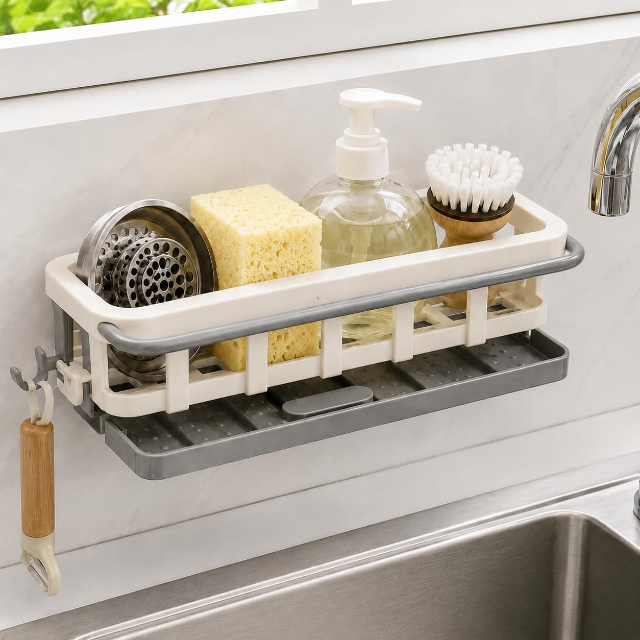 1 Pc Hanging Drain Rack Tray | Retractable Storage Rack | Sponge Drain Tray | Kitchen/Bathroom Sink Tray with Drying Basket | Kitchen Storage Organizer | Towel Hanging | Sink Organizer-image-37