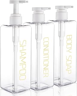 Shampoo and Conditioner Dispenser Shower Soap Bottles 3 Pack 550ml/18.6oz Refillable Shampoo Pump Bottle Dispenser Plastic Empty Body Wash Dispensers with Stylish Permanent Labels for Bathroom (Clear)