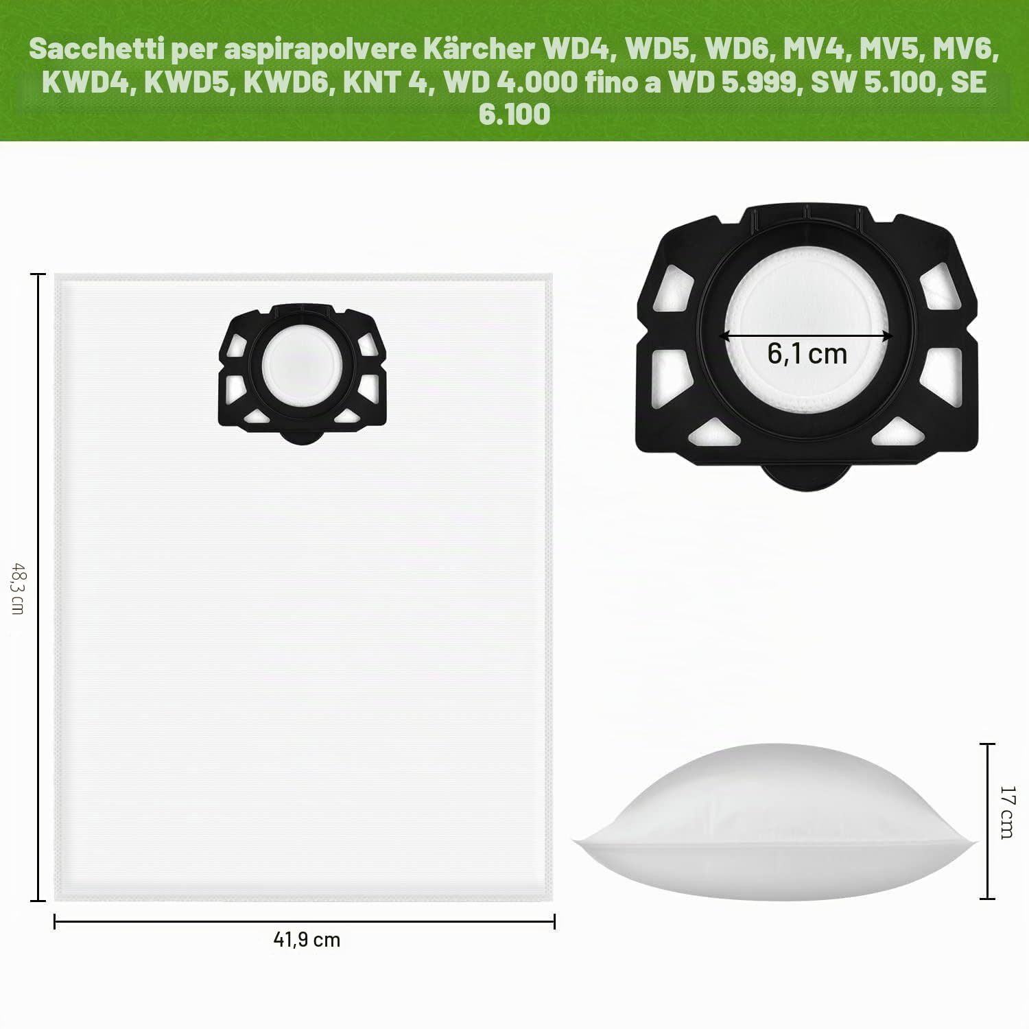 Rebirthcare 15 sacchetti per Kärcher aspirapolvere 2.863-006.0 in tessuto non tessuto 487, sacchetti di ricambio WD4 WD5 WD6 WD5P WD6P Premium MV4 MV5 MV6 sacchetti per filtro bagnati e asciutti