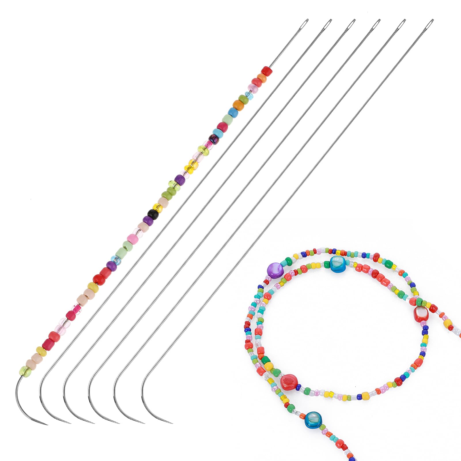 YUXIANLB 6 Pcs Curved Beading Needles, 5.4 Inches Stainless Steel Bead Spinner Needles, Big Eye Beading Needles Curved Sweing Needles Tools for Jewelry Making (Silver)