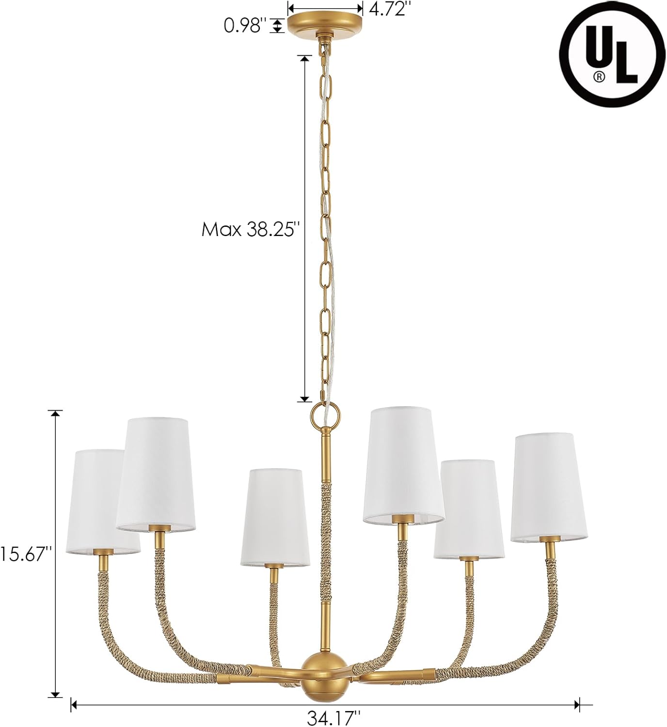 34" Boho Chandelier, with Creamy-White Fabric and Natural Rattan Arched Arms Shade Antique Brass Brush Paint Finish Pendant Lighting Fixture for Dining Room Living Room 6-Light