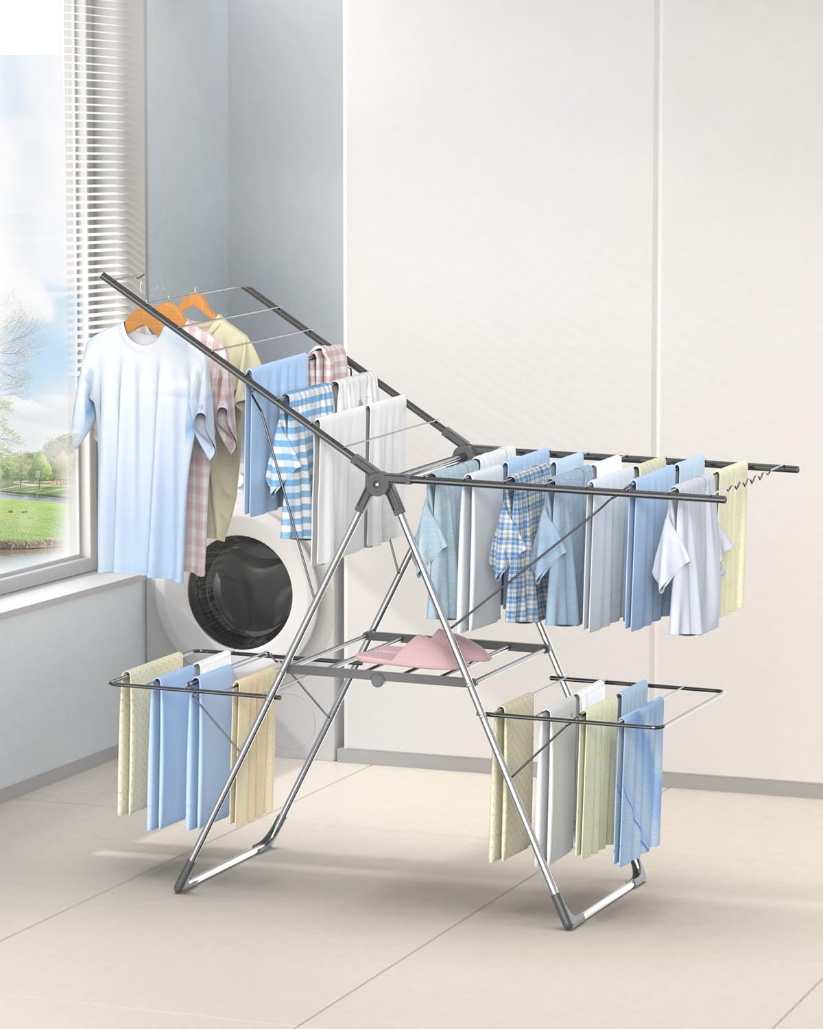 Innotic Stendino, Stendibiancheria Verticale Salvaspazio, Pieghevole Portatile Stendino Verticale Salvaspazio, Richiudibile Regolabile in Acciaio Inox, per Balcone Esterno