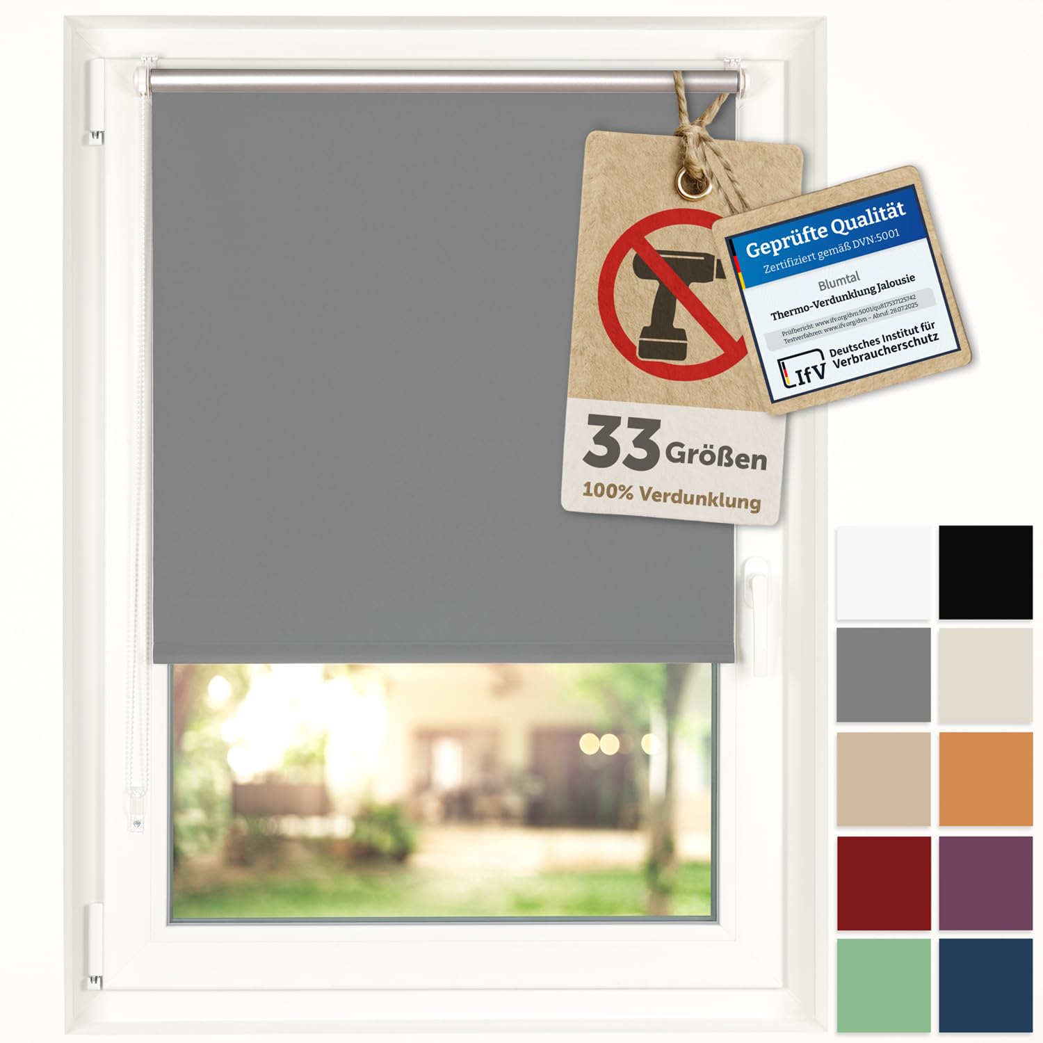 Blumtal Verdunkelungsrollo ohne Bohren 45x150cm - Thermorollo/Verdunklungsrollo 100% Verdunkelung - Klemmrollos für Fenster ohne Bohren - 4-lagiges Rollo UV-beständig - Sonnenrollo Fenster Grau