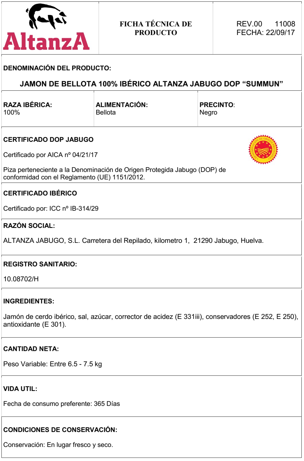 Paleta 100 % Ibérica de Bellota de Altanza D.O Jabugo con un peso de 4,5 kg.