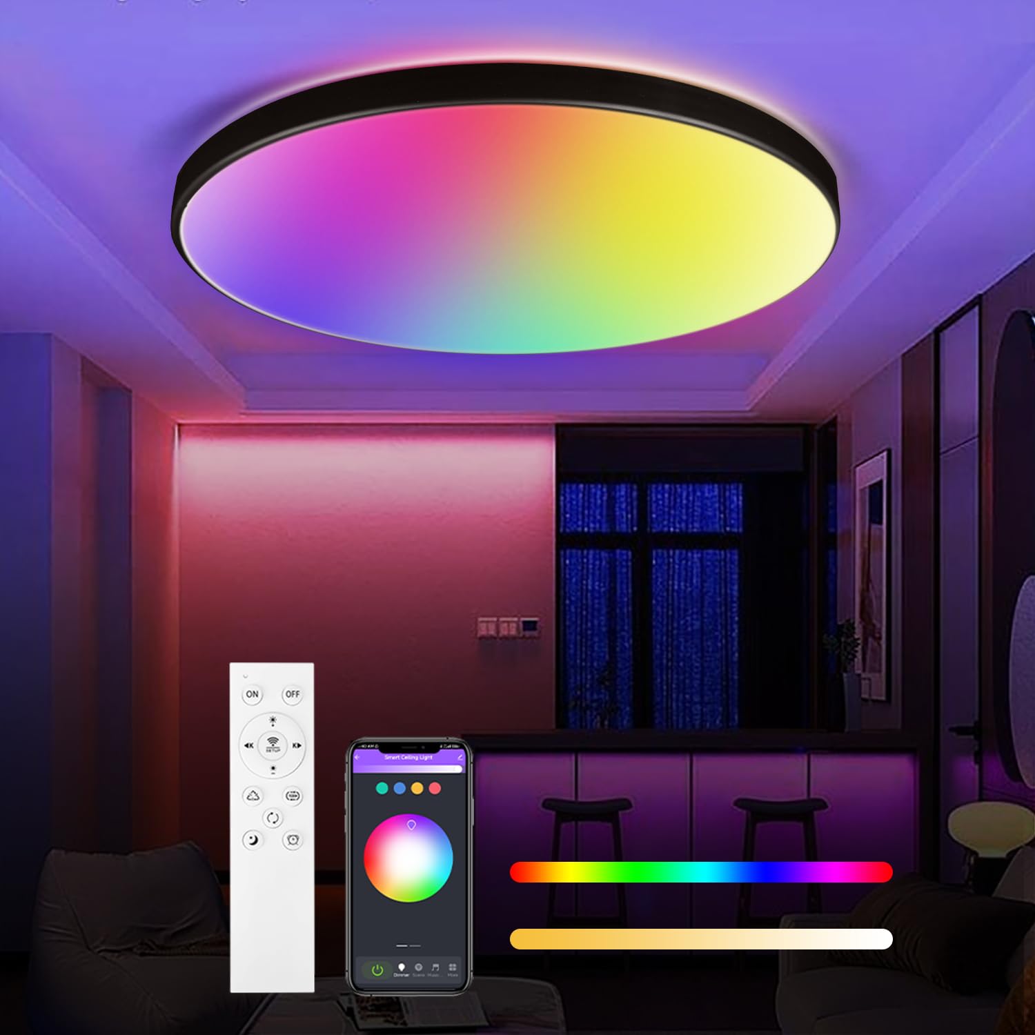Led Ceiling Light Tuya Control 24W Bathroom Lights Ceiling RGB Smart Ceiling Light Dimmable with Remote Control Timer & Memory 1700LM Led Lights for Bedroom Kitchen Living Room