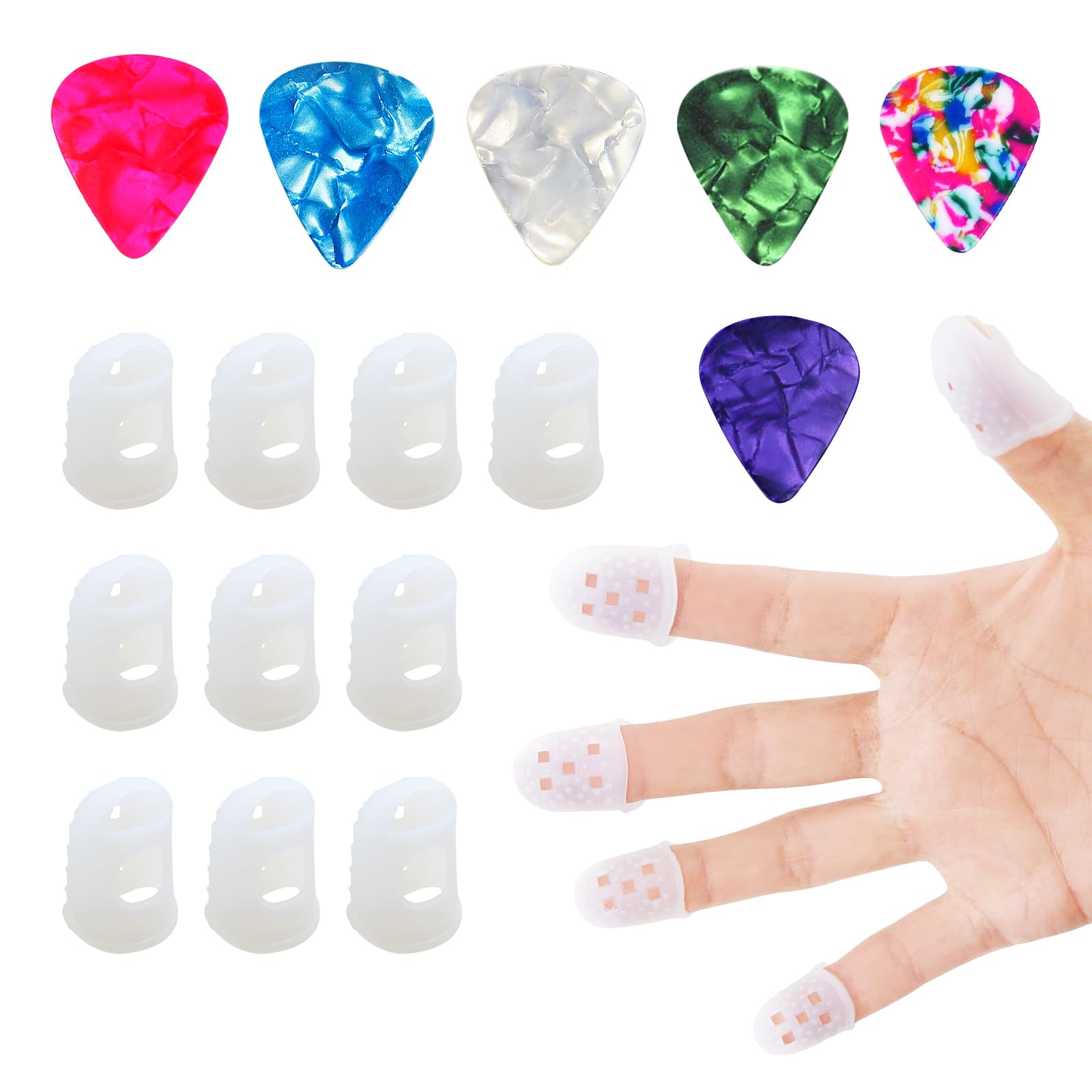Silicone Finger Protector Set, 10 Pieces with 6 Guitar Picks, String Finger Guards, Guitar Fingertip Protectors