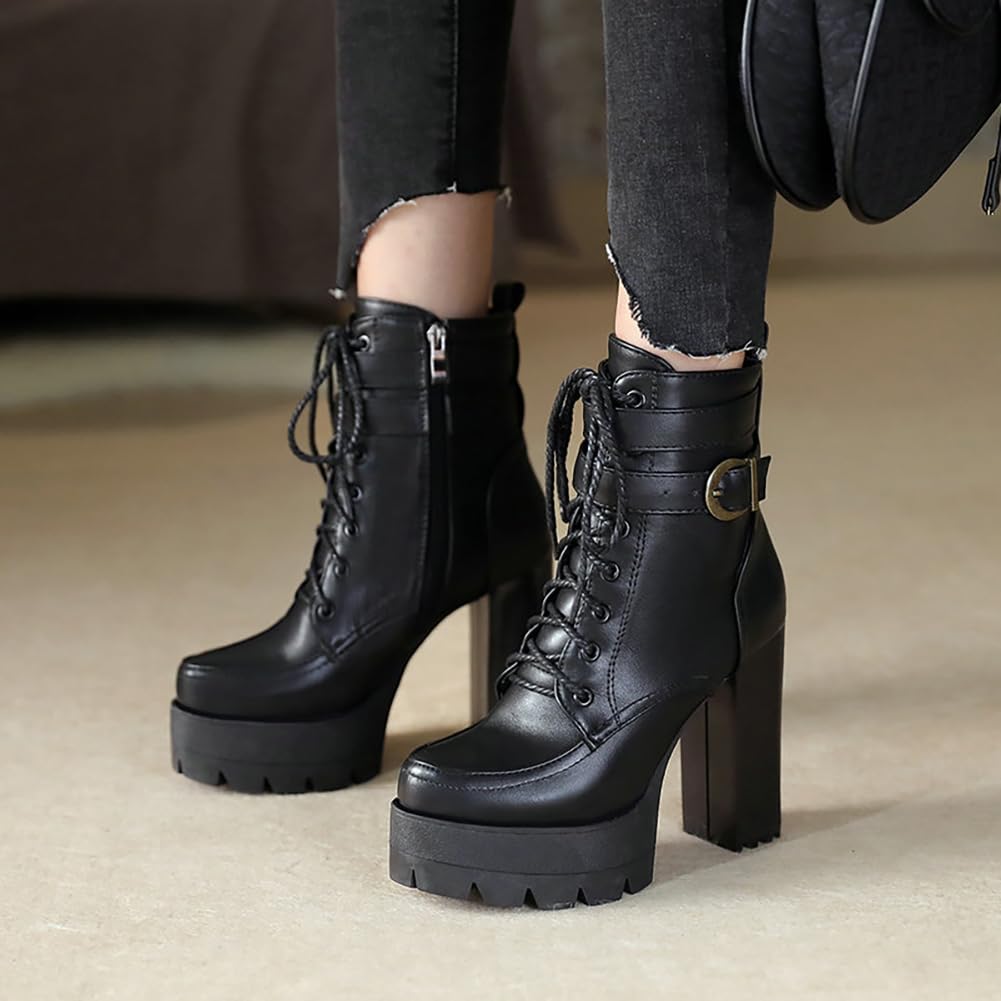 Mujer Botines Militares De Tacón Grueso Y Plataforma Cordones Punta Redonda Botas De Combate
