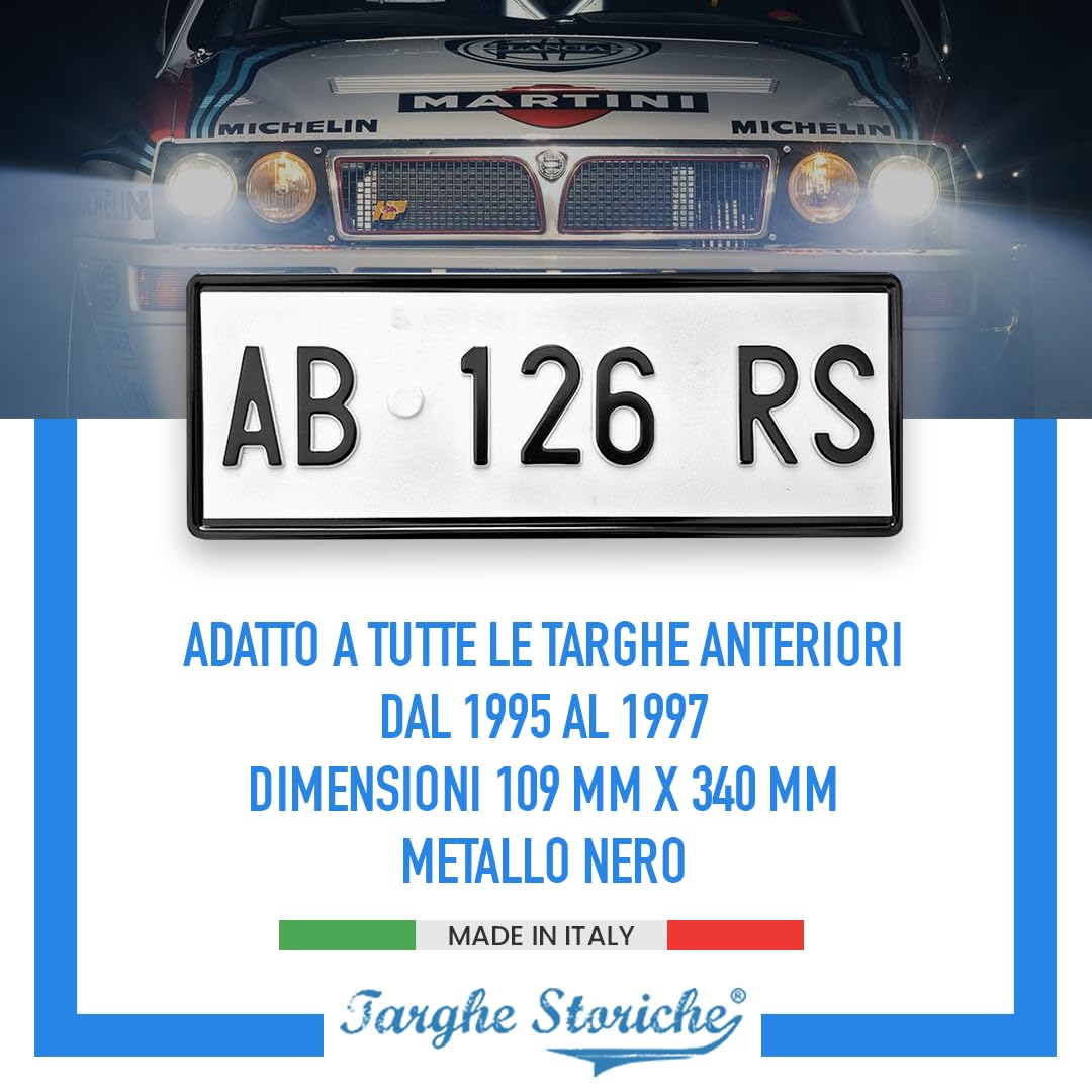 Targhe Storiche -Portatarga Anteriore Auto Epoca dal 1985 al 1997, Progettato per Auto Classiche d’Epoca, Made in Italy [Metallo Nero]