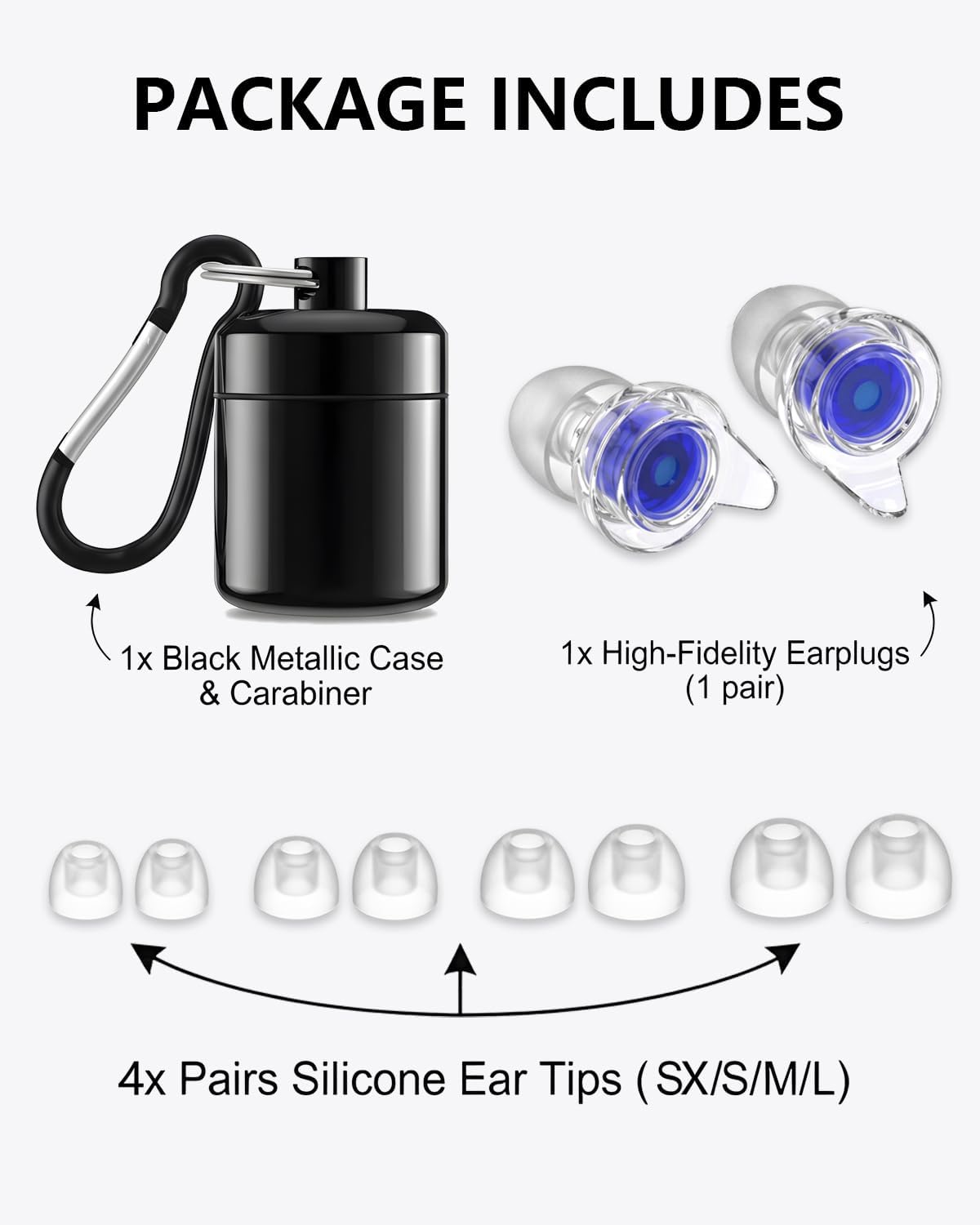 High-Fidelity Concert Earplugs, 28dB Reduction, 4 Ear-tip Sizes | In stylish blue. Ideal for live concerts, music festivals, DJs, nightlife, focused study, travel, and motorcycle riding.