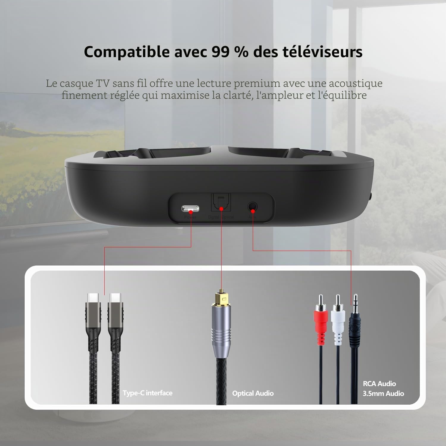 Casque TV sans fil, casque TV sans fil pour personnes âgées avec base de charge émetteur, casque Bluetooth compatible avec tous les téléviseurs, pas de retard audio, Plug and Play, cadeau pour les