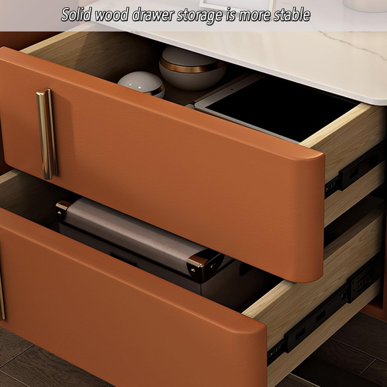 Juego de 2 mesitas de noche modernas con acabado de cuero con cajones, mesitas de noche estrechas para dormitorio, marco de pedestal de metal, mesita de noche para mesas auxiliares de cama