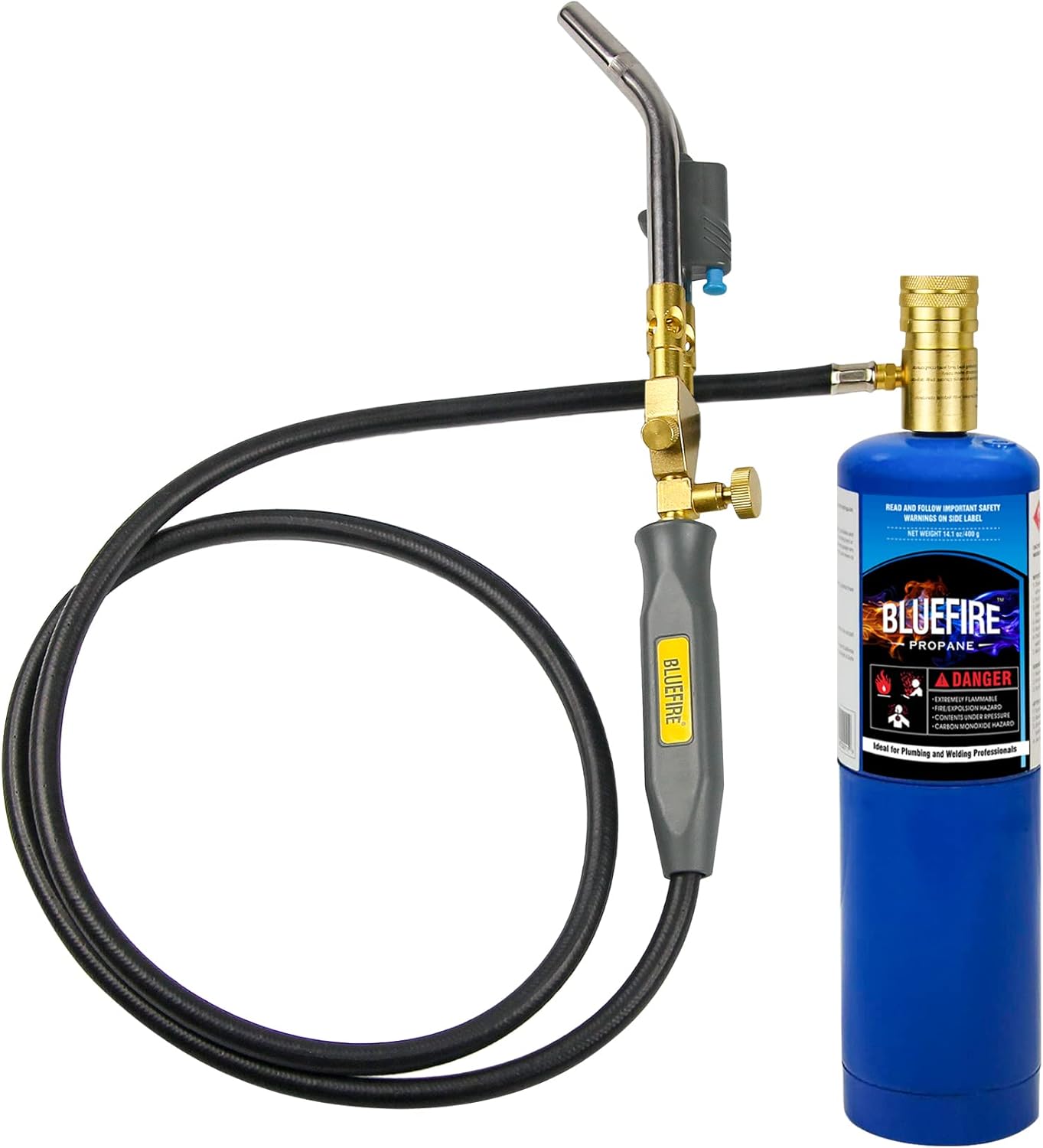 BLUEFIRE HZ-8150 Double Heads Swirl Flame Self-Ignition Hosed Turbo Torch 5' long Hose Trigger Start MAPP MAP Propane Welding Blowtorch Nozzle for brazing large diameter copper pipes, Torch Only