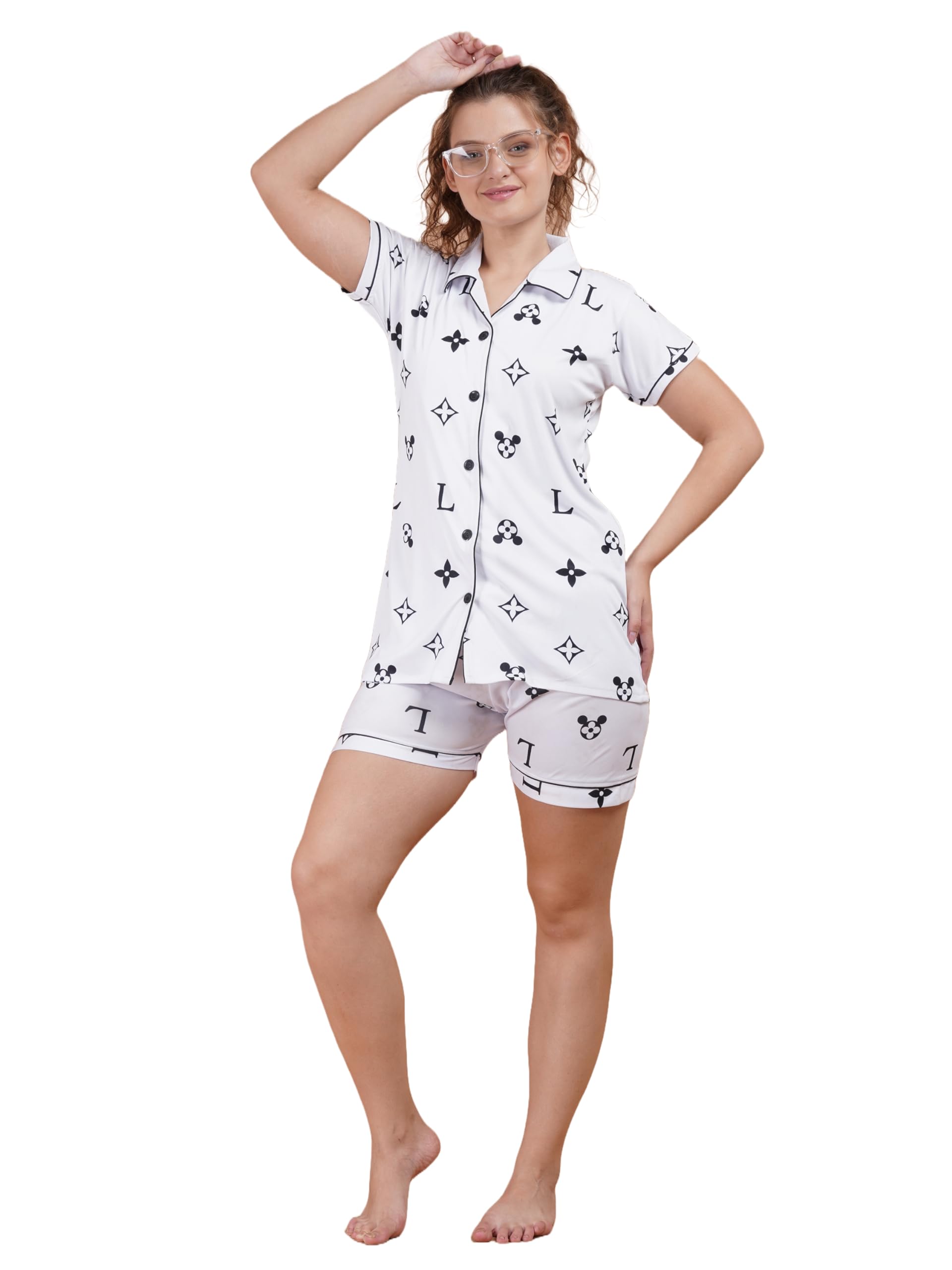 Printed Ultrasoft Night Suit for Women - Digital Print Satin Shirt Top and Short Set with Shorts for Honeymmon Casual Wedding Valentine Party Festive Regular Wear-image-40