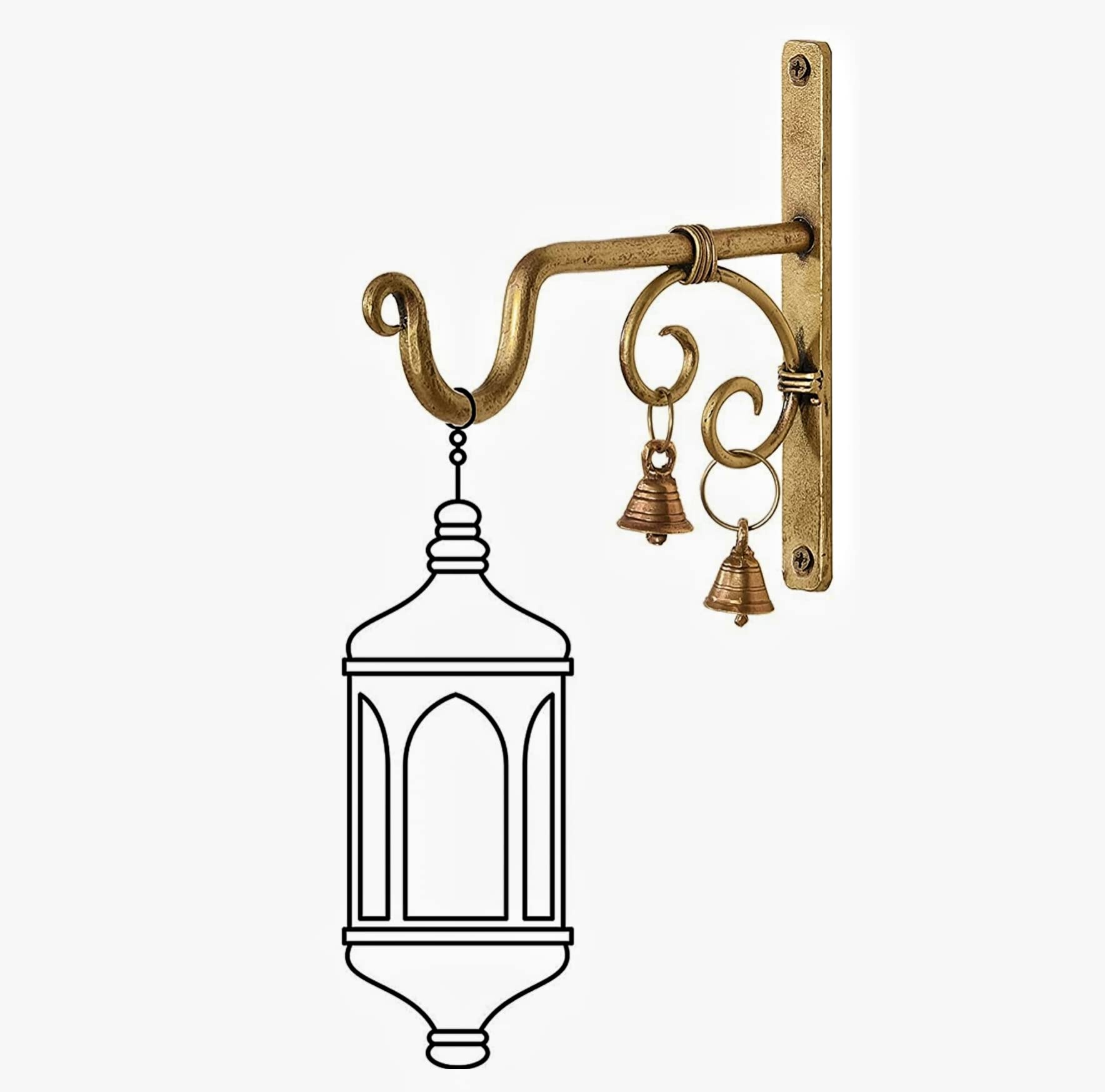 METAL STORE U Shap Handicraft Wrought and Cast Iron Lantern Diya Hanger with Bell (Golden_7 Inch, Set of 1, Golden Antique) (U HOOK 1 TWO BELLS)