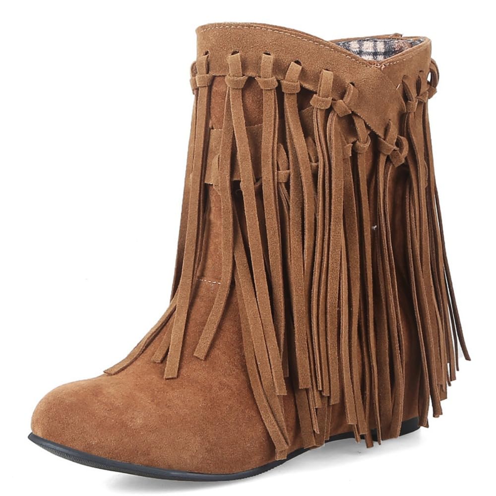 Cowboy Boots for Women - Fringe Suede Ankle Cowgirl Booties Pull-On Round Toe Lightweight Breathable Leather Retro Comfort
