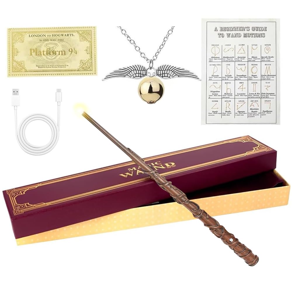 Lotvic Zauberstab Hermine Granger mit Licht, 38cm Hermine Zauberstab, Elderstab Zauberstäbe Glühen, USB Wiederaufladbar Magic Wand mit mit Zauberspruch-Karte, Halskette und Stationsticket