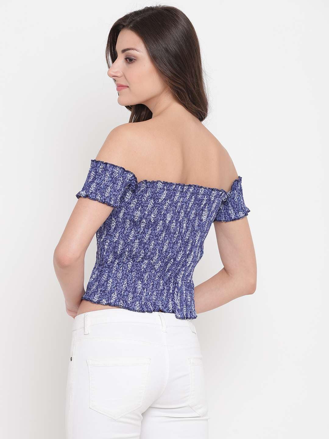 GrabMe Store Women's Rayon Printed Off-Shoulder Smocked Crop Top Short Sleeve Casual Styles Tank Top (Free Size) Multi44