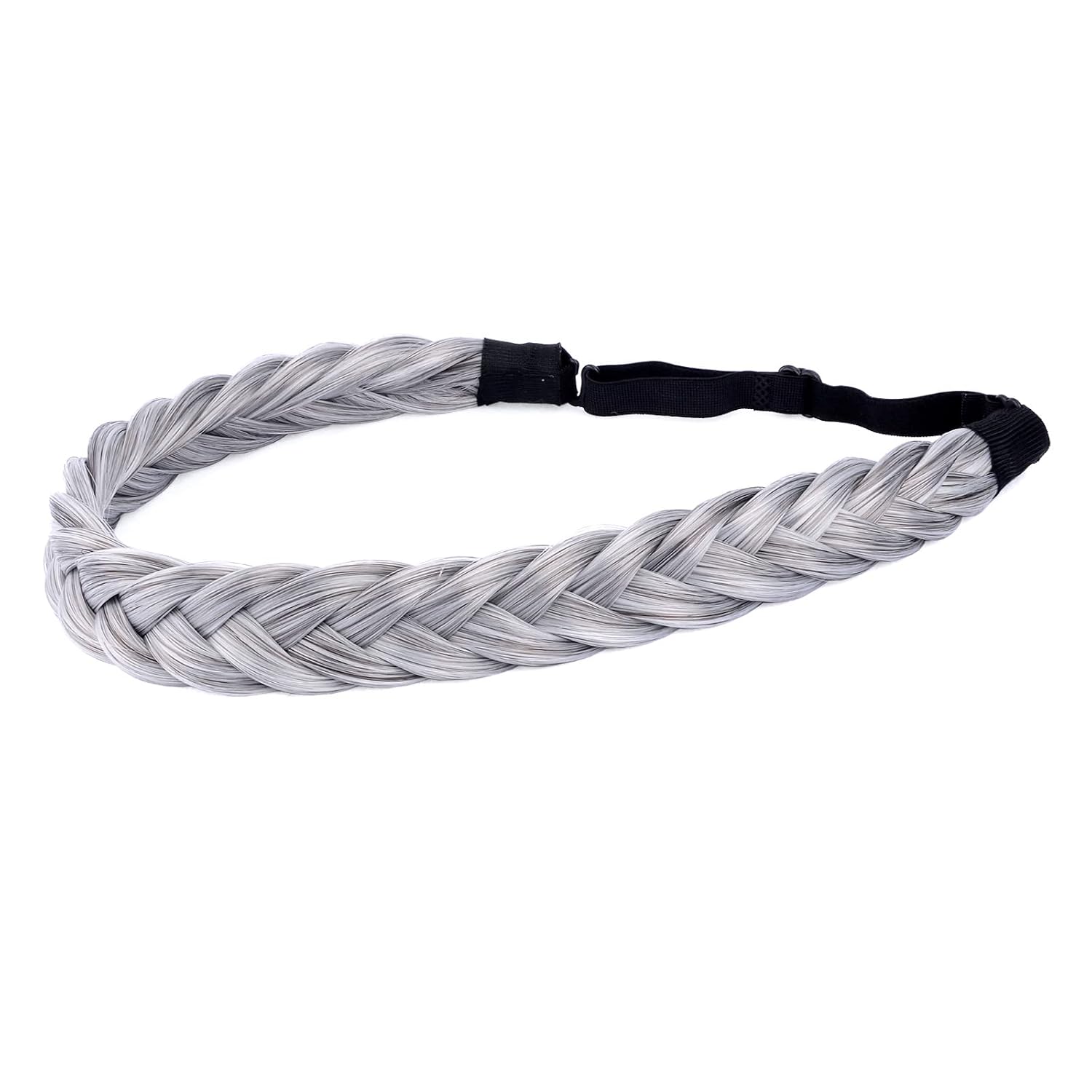 2 Strands Synthetic Hair Braided Headband Classic Chunky Plaited Braids Elastic Stretch Hairpiece Women Girl Beauty accessory, 54g (Salt & Pepper)
