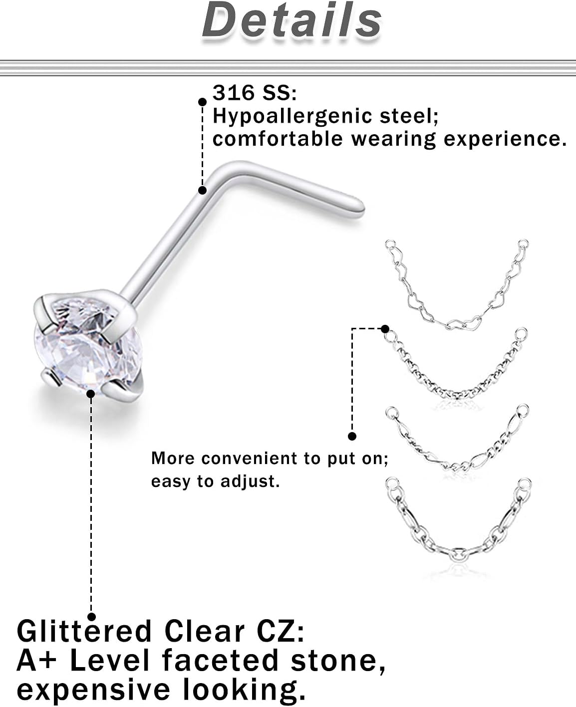 20/18G Nose Rings Chain Across Nose Piercings for Women Men Surgical Steel Double Chains Corkscrew l Shaped Bar
