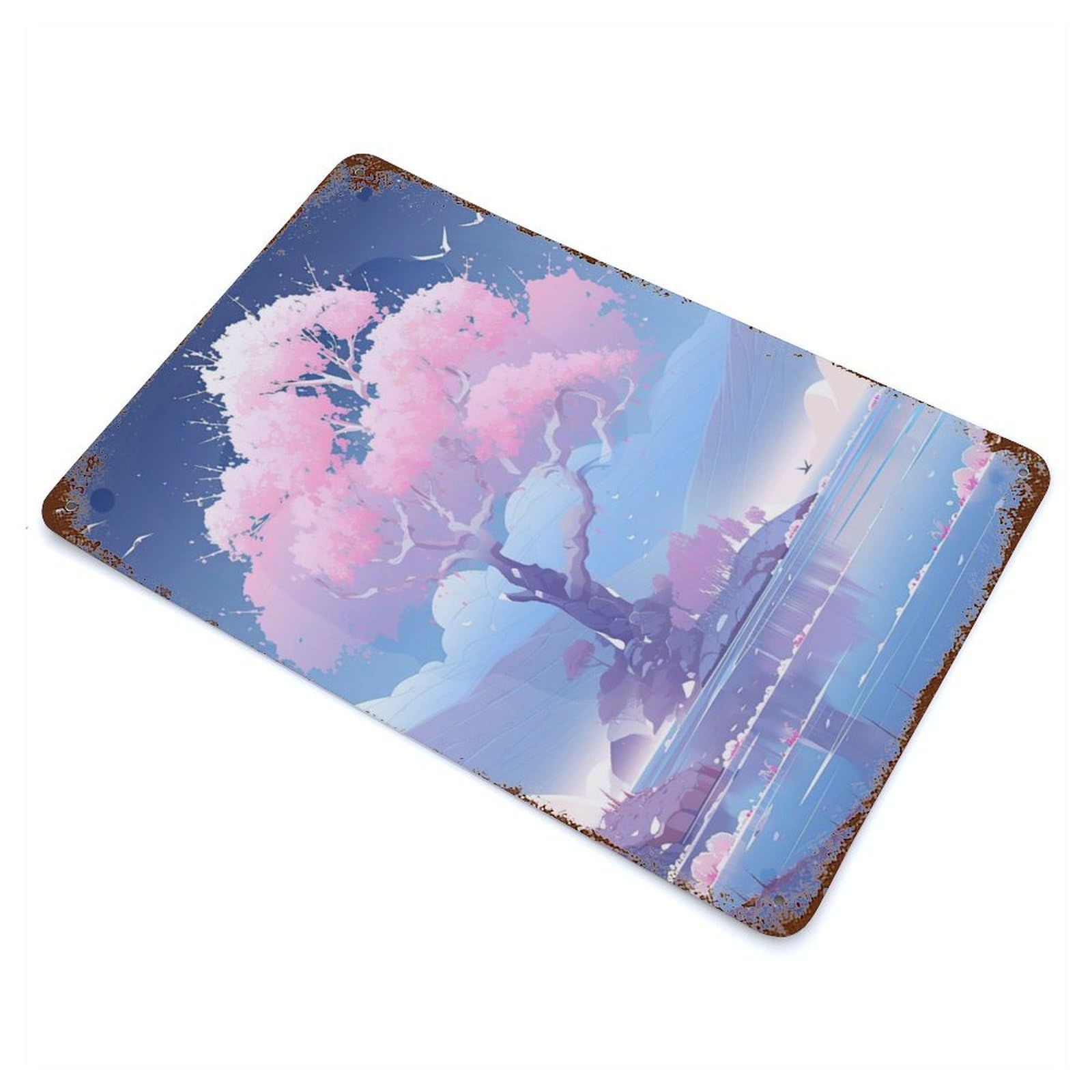 Rust Effect Pink Tree Beside The Lake Distressed Metal Wall Sign 11.8"x7.9", Decorative Metal Wall Art for Living Room, Hallway And Home Decor