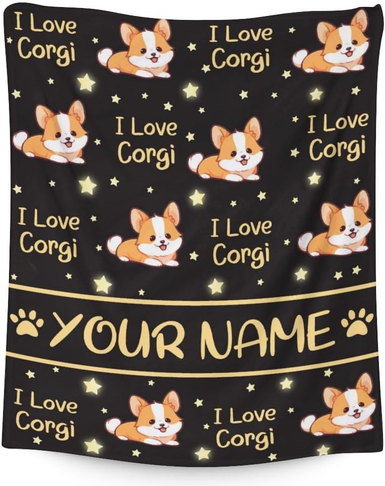 Custom Corgi Blanket Gifts with Name - 50x40 Inches Cute Throw Blanket for Kids, Girls, Boys - Black Soft Fuzzy Blankets for Crib, Couch & Travel
