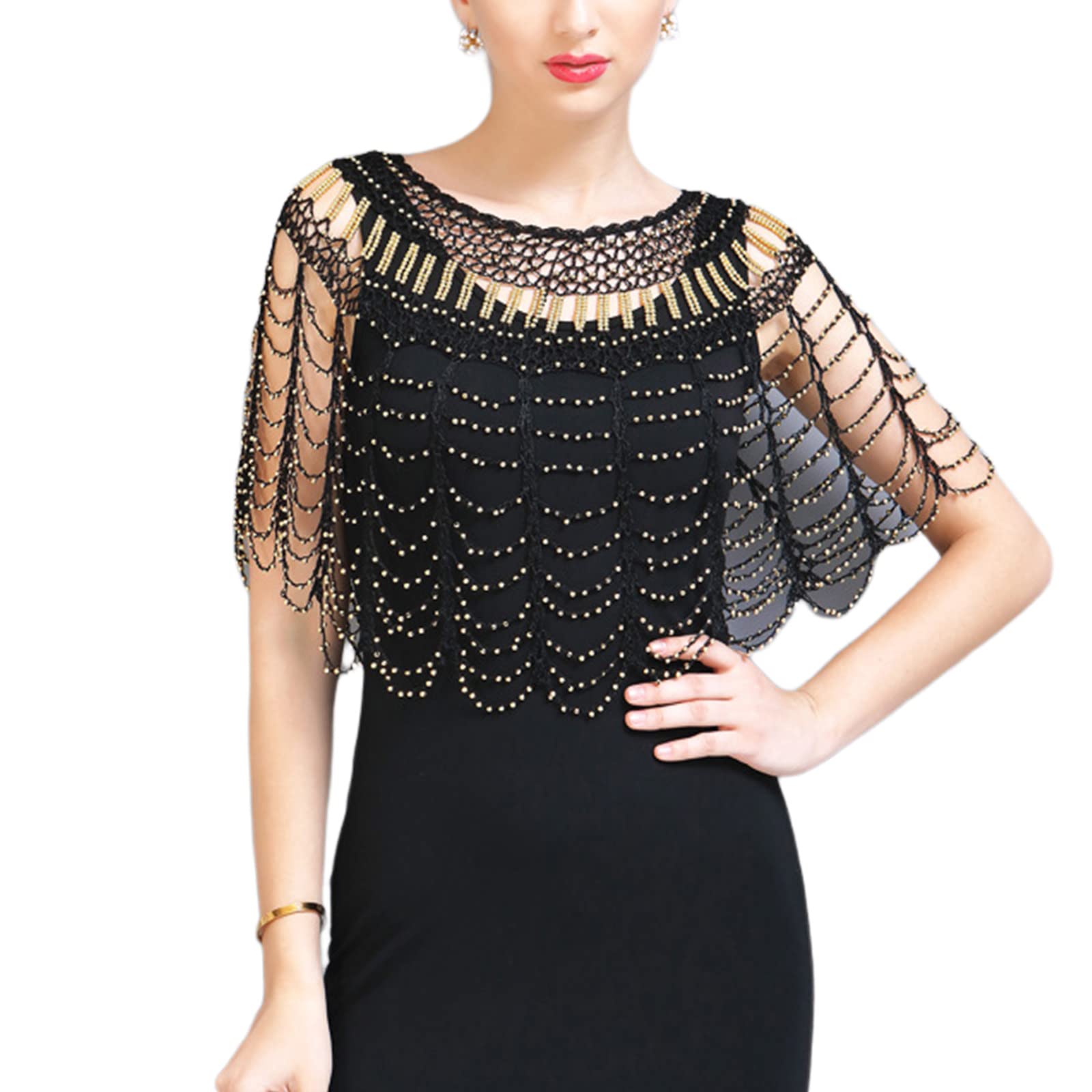 Lejiaju Women's Black Gold 1920S Shawl Wrap Beaded Shawl Wrap Evening Cape Shawl For Evening Dresses Beaded Evening Cape Shawl