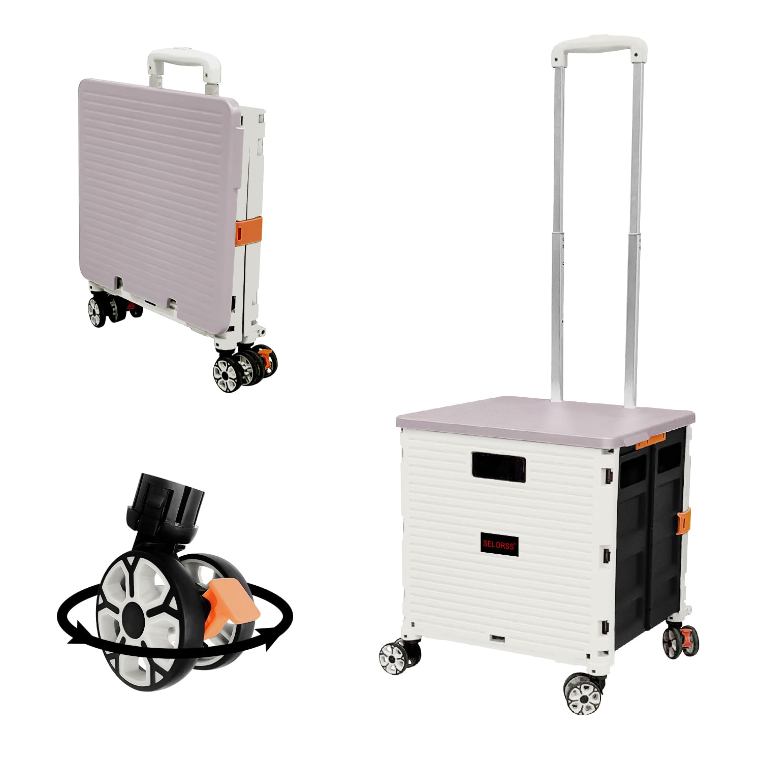 ZIYOU LANG 50L Folding Shopping Trolley Cart,60KG,4 Rotate and Detachable Wheels,Telescopic Aluminium Handles,Heavy Duty Foldable Storage Box for Shopping,Travel,Teacher,Camping(White)