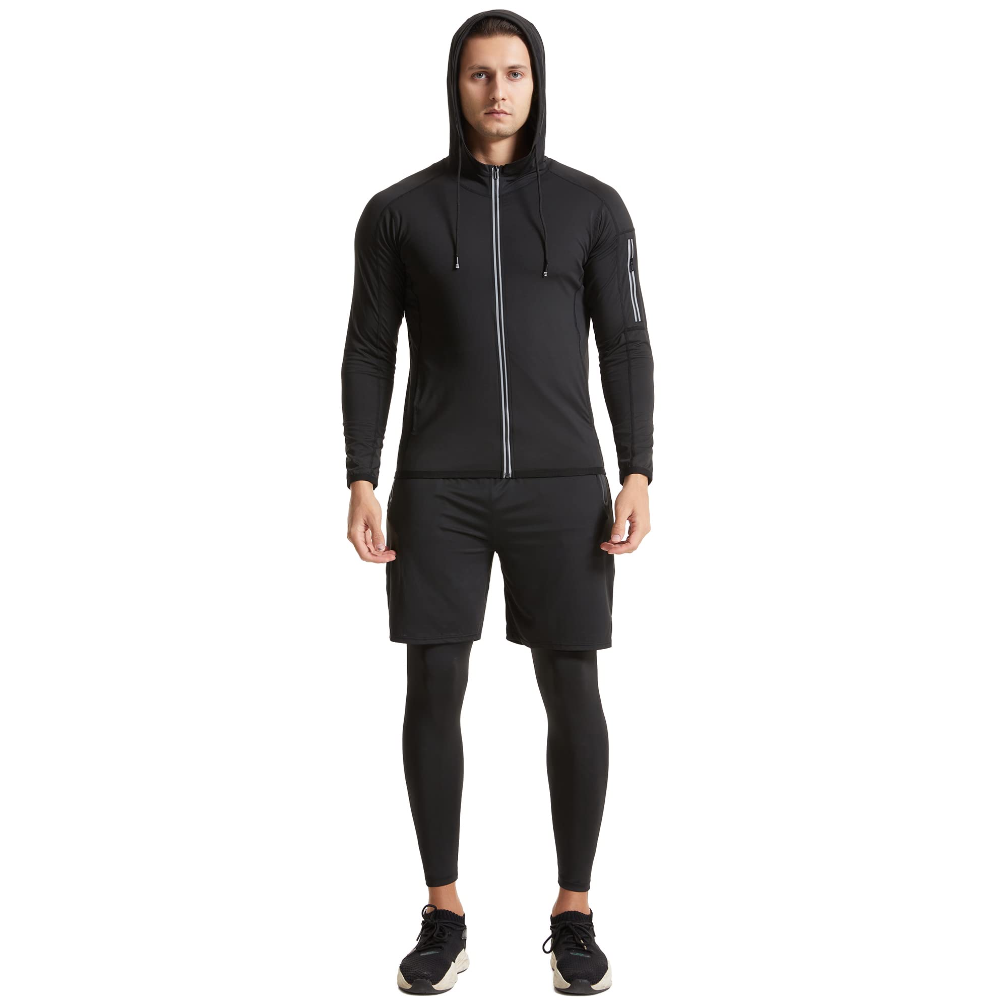 Uomo 5 pezzi Compressione Sportivi Abbigliamento Set Giacca con Cappuccio Pantaloni Camicia Top Completi Sportivi Tuta Fitness Palestra Uomo Formazione Vestiti Giacca Atletica Set