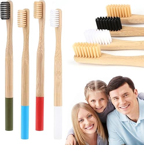 Miniatura 4 de Cepillo de dientes de carbón de bambú natural, cerdas suaves, cepillo de dientes manual para adultos 4 piezas (azul)