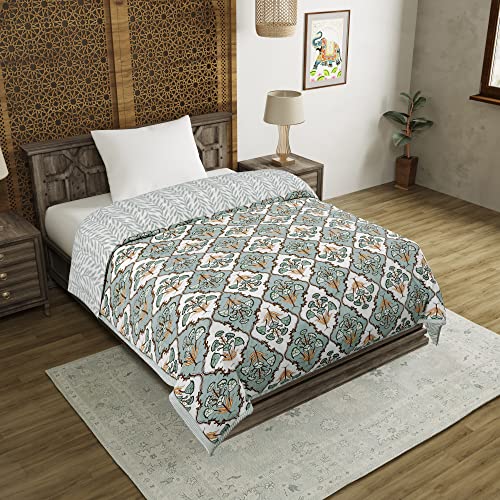 Image of BLOCKS OF INDIA Cotton Single Size Quilt Hand Block Print for Light Winters (60X90 Inches) (Grey Flower), Lightweight, 300 TC