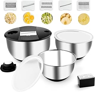 Mixing Bowls with Lids Set,Pack of 3 Stainless Steel Nesting Bowls with Grater Airtight Lids Non-Slip Bottoms for Slicing,Shredding,Grating,Mixing,Cooking,Baking(Black)