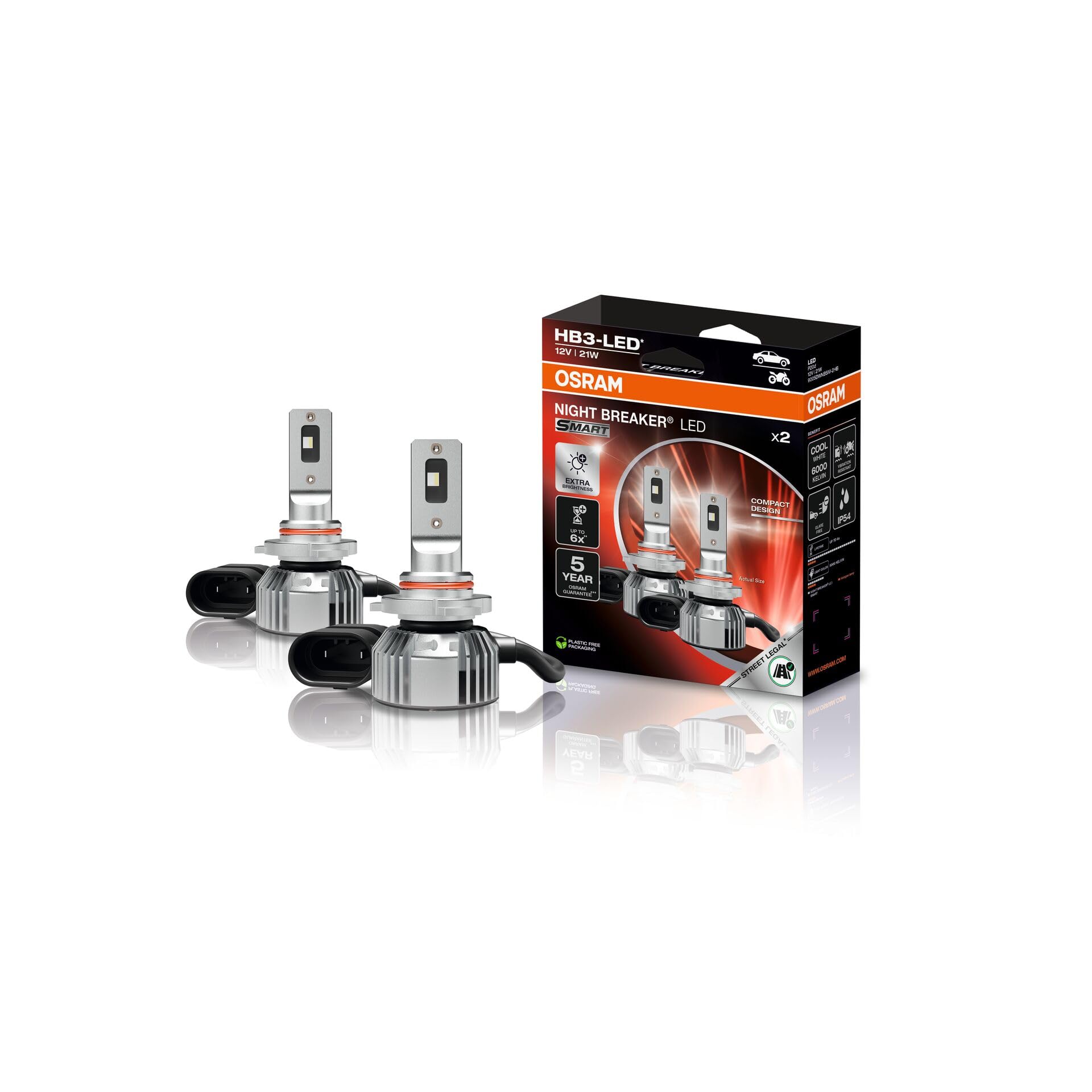 OSRAM NIGHT BREAKER LED SMART HB3; 6000K, faros LED de luz alta y baja con homologación para circular por carretera; 12 V